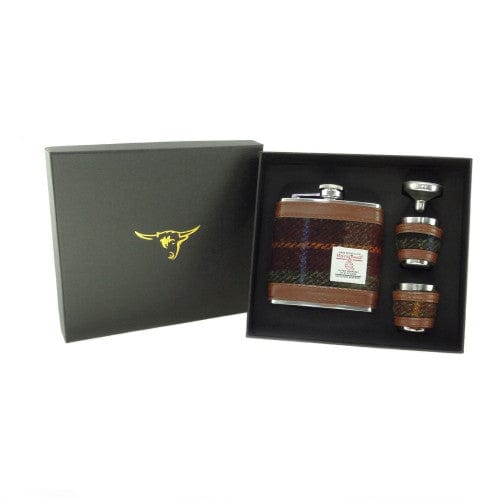Glen Appin – Hip Flask Gift Set – Harris Tweed – Rust Check - Mood4whisky