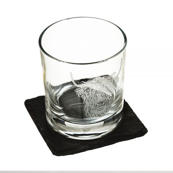Just Slate Company – Whisky Tumbler Set – Engraved Highland Cow – Gift Set - Mood4whisky