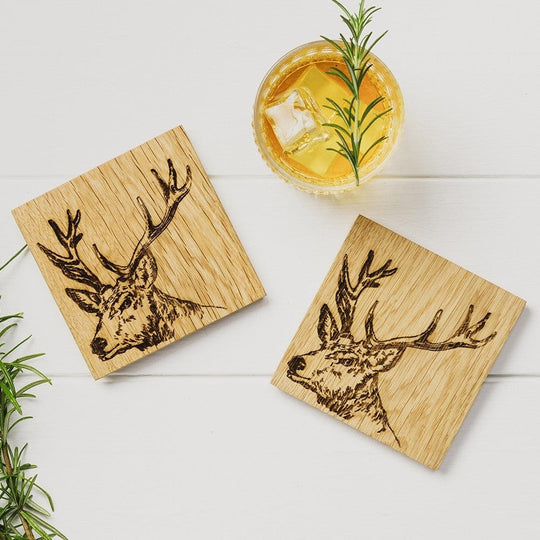 Scottish Crafts – Coasters – Stag Design – Scottish Oak – Set of 2 - Mood4whisky