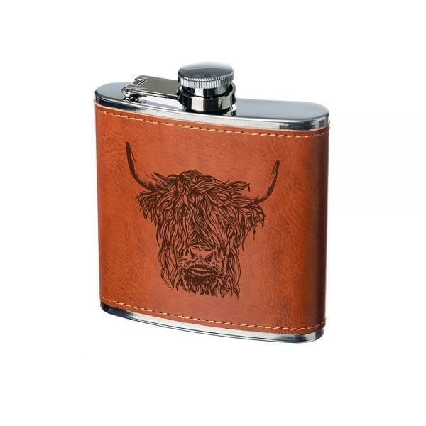 Selbrae House – Hip Flask – Leather – Highland Cow Design - Mood4whisky