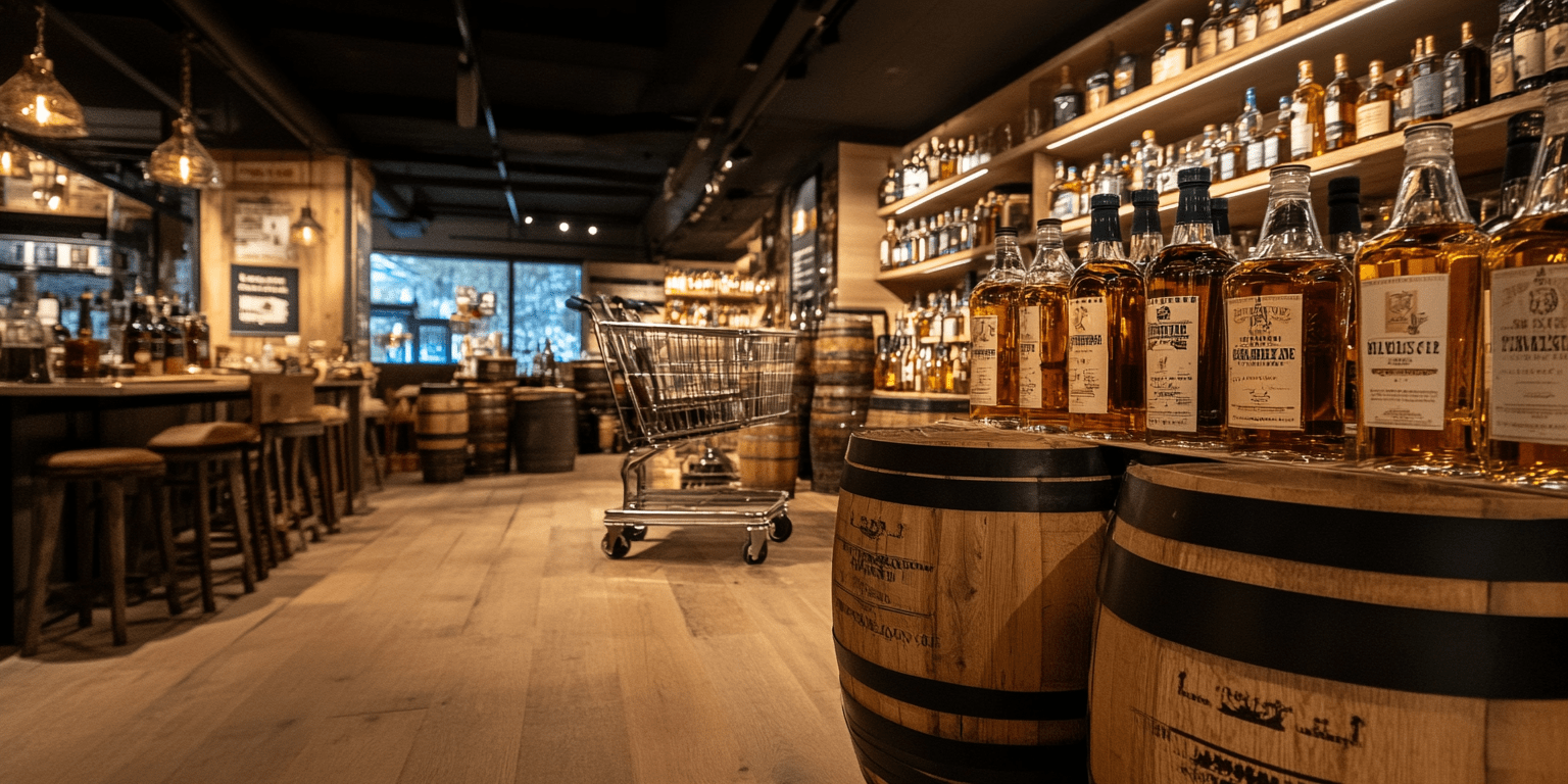 Interieur van een sfeervolle whiskywinkel met houten vaten, goed gevulde whiskyschappen en een winkelwagentje in het midden – luxe ambiance voor whiskybeleving, proeverijen en exclusieve whiskyaccessoires.